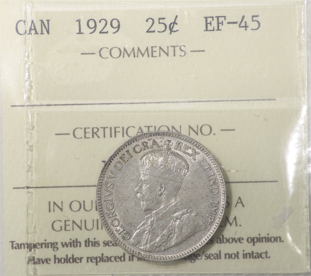 1929 Canada 25-cents ICCS Certified EF45