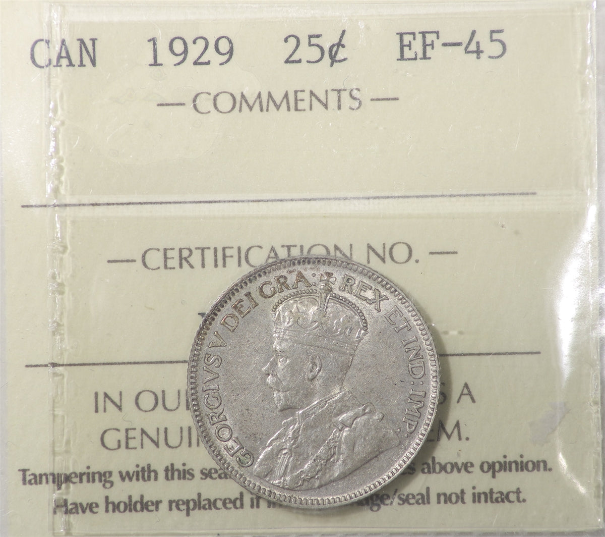 1929 Canada 25-cents ICCS Certified EF45