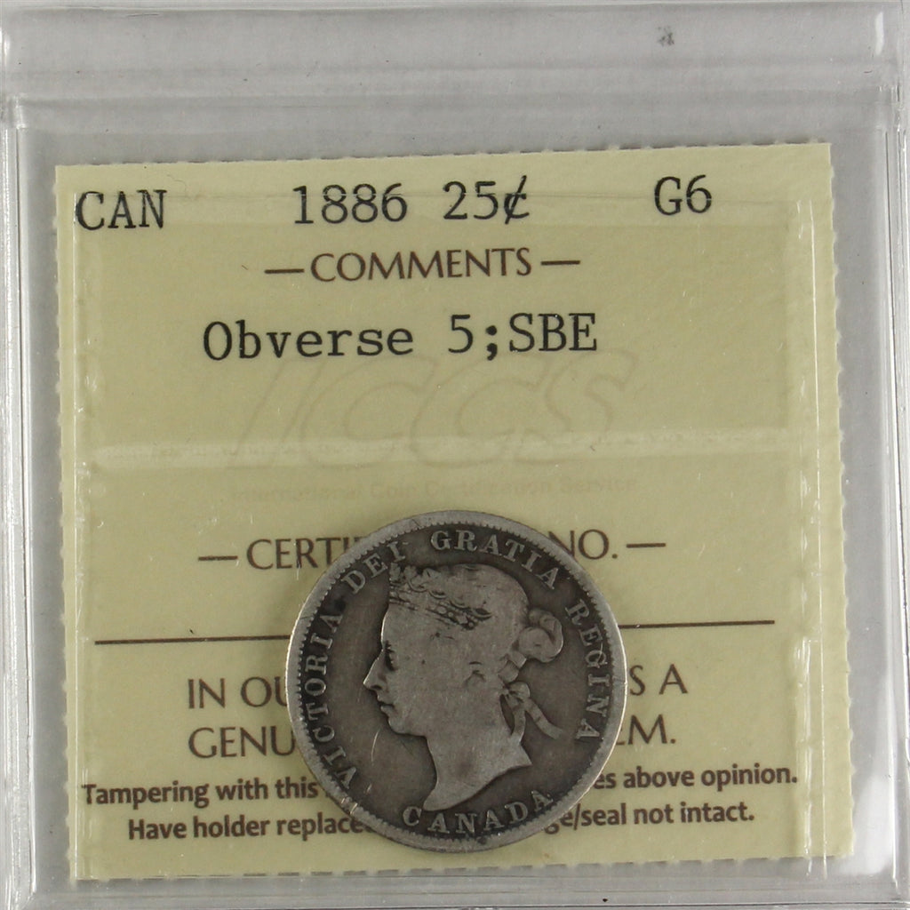 1886 Short Bough Ends, Obv. 5 Canada 25-cents ICCS Certified G6