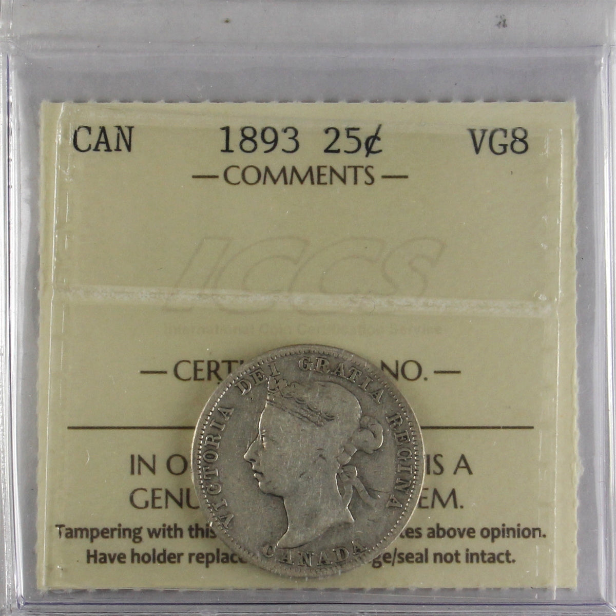 1893 Canada 25-cents ICCS Certified VG8