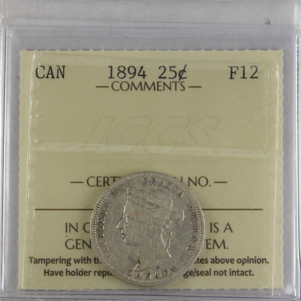 1894 Canada 25-cents ICCS Certified F12