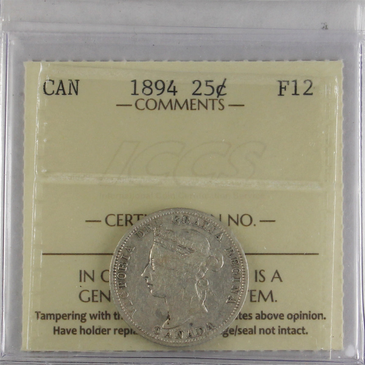1894 Canada 25-cents ICCS Certified F12