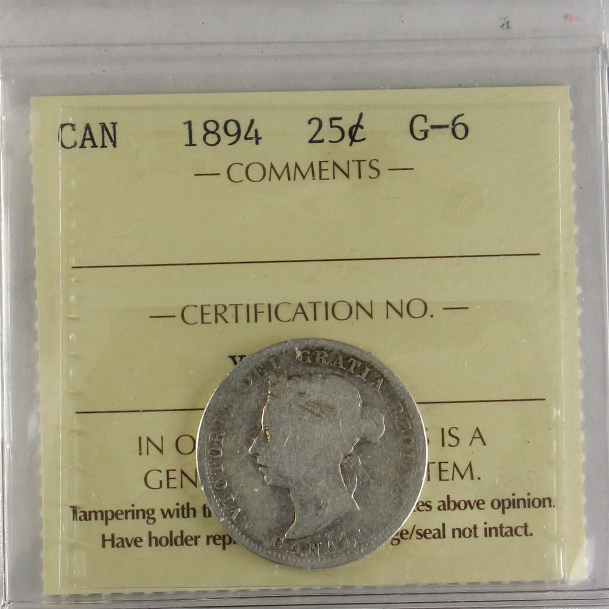 1894 Canada 25-cents ICCS Certified G6