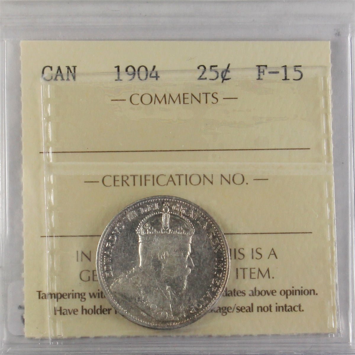 1904 Canada 25-cents ICCS Certified F15