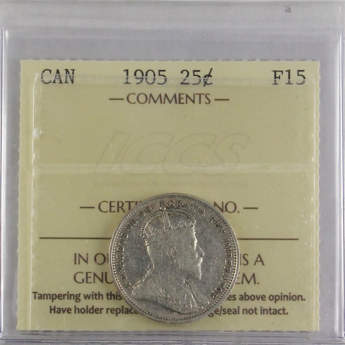 1905 Canada 25-cents ICCS Certified F15