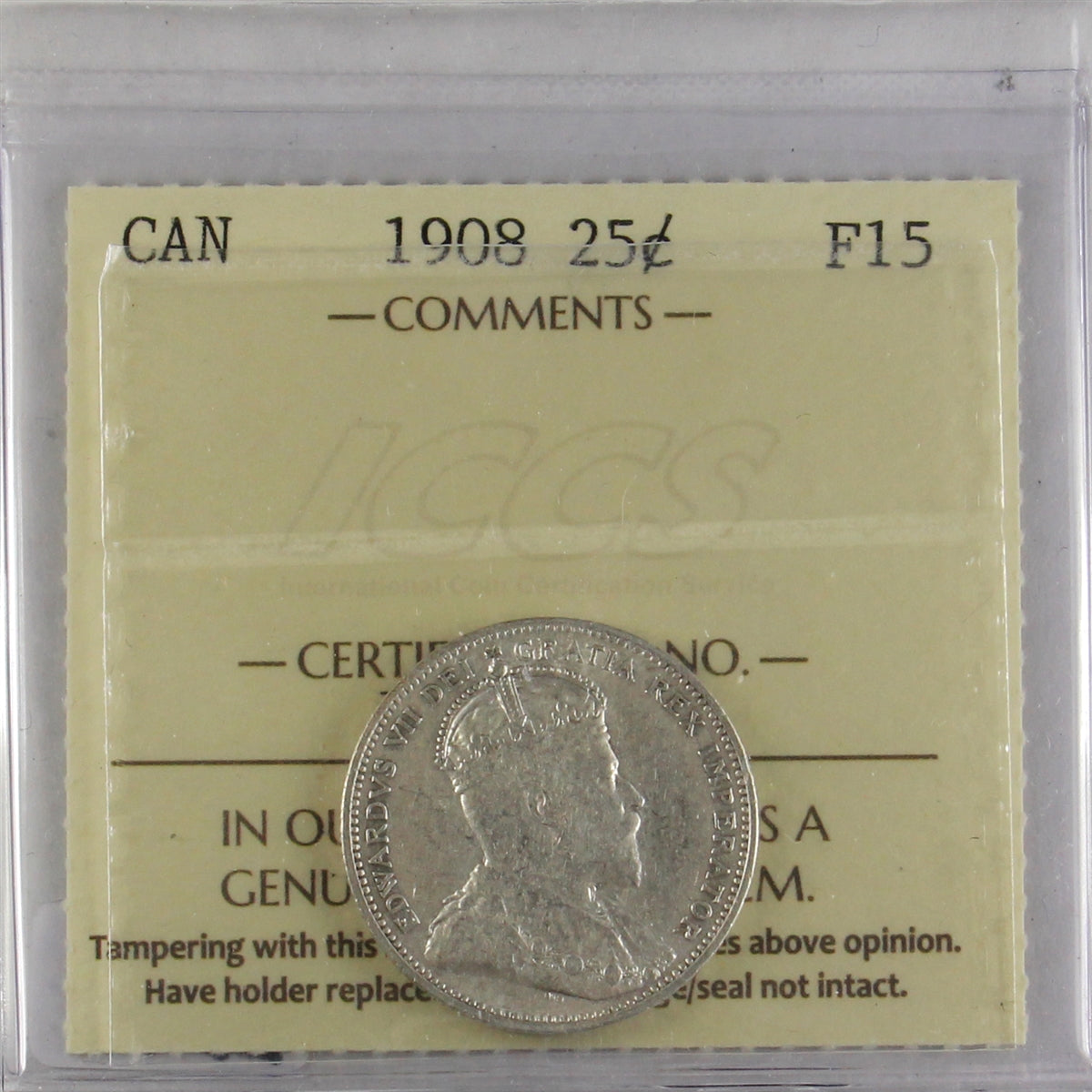 1908 Canada 25-cents ICCS Certified F15