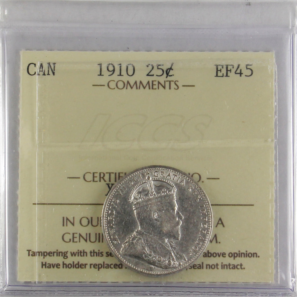 1910 Canada 25-cents ICCS Certified EF45