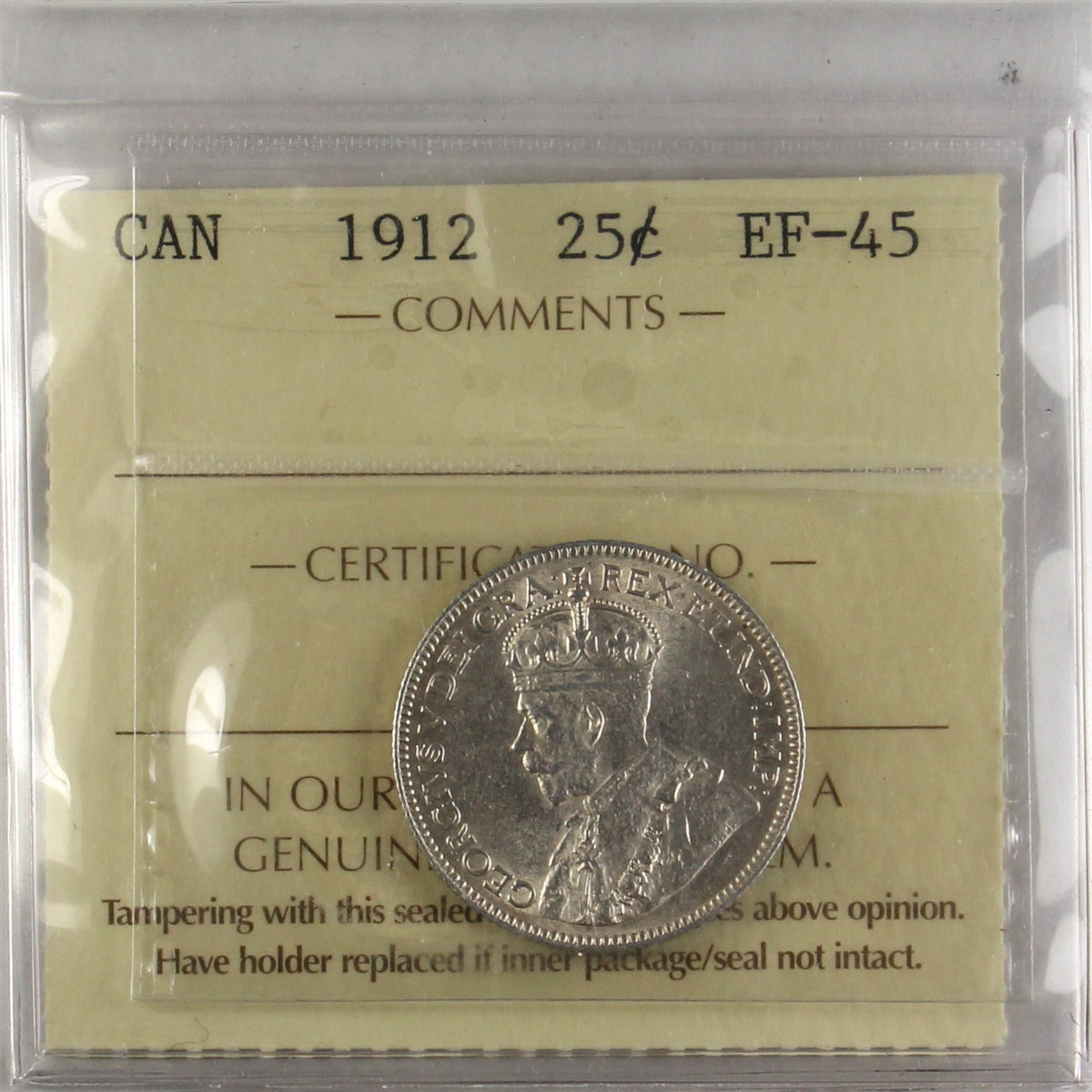 1912 Canada 25-cents ICCS Certified EF45