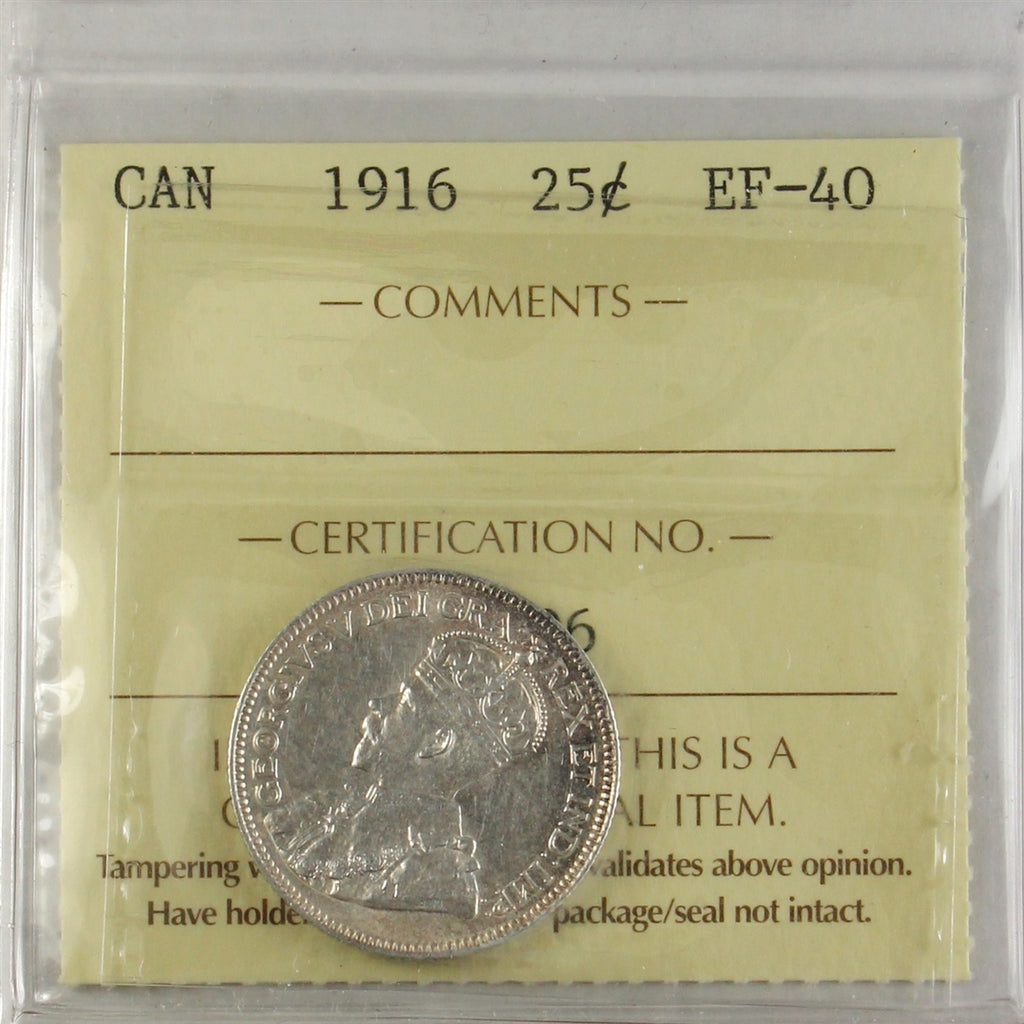 1916 Canada 25-cents ICCS Certified EF40