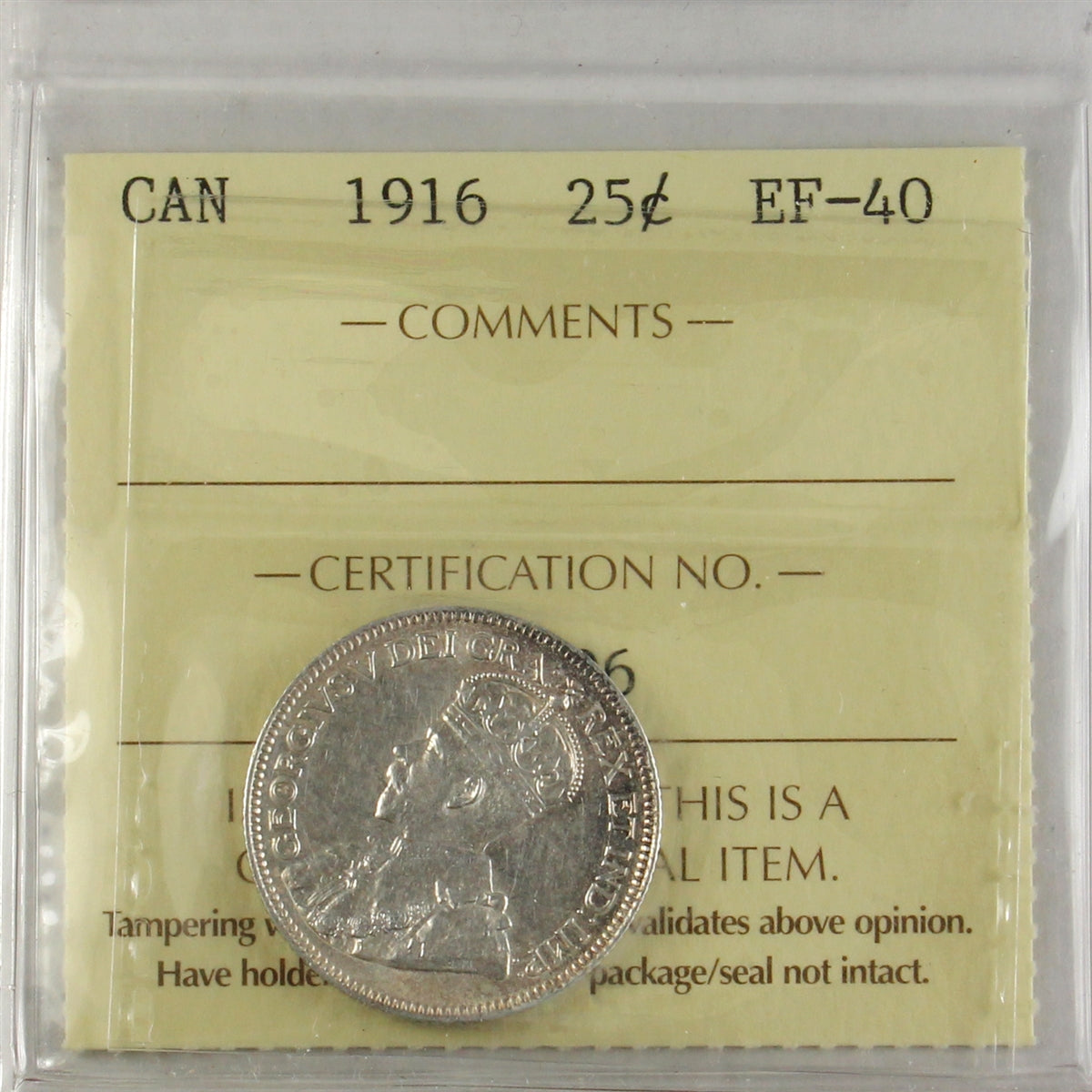 1916 Canada 25-cents ICCS Certified EF40