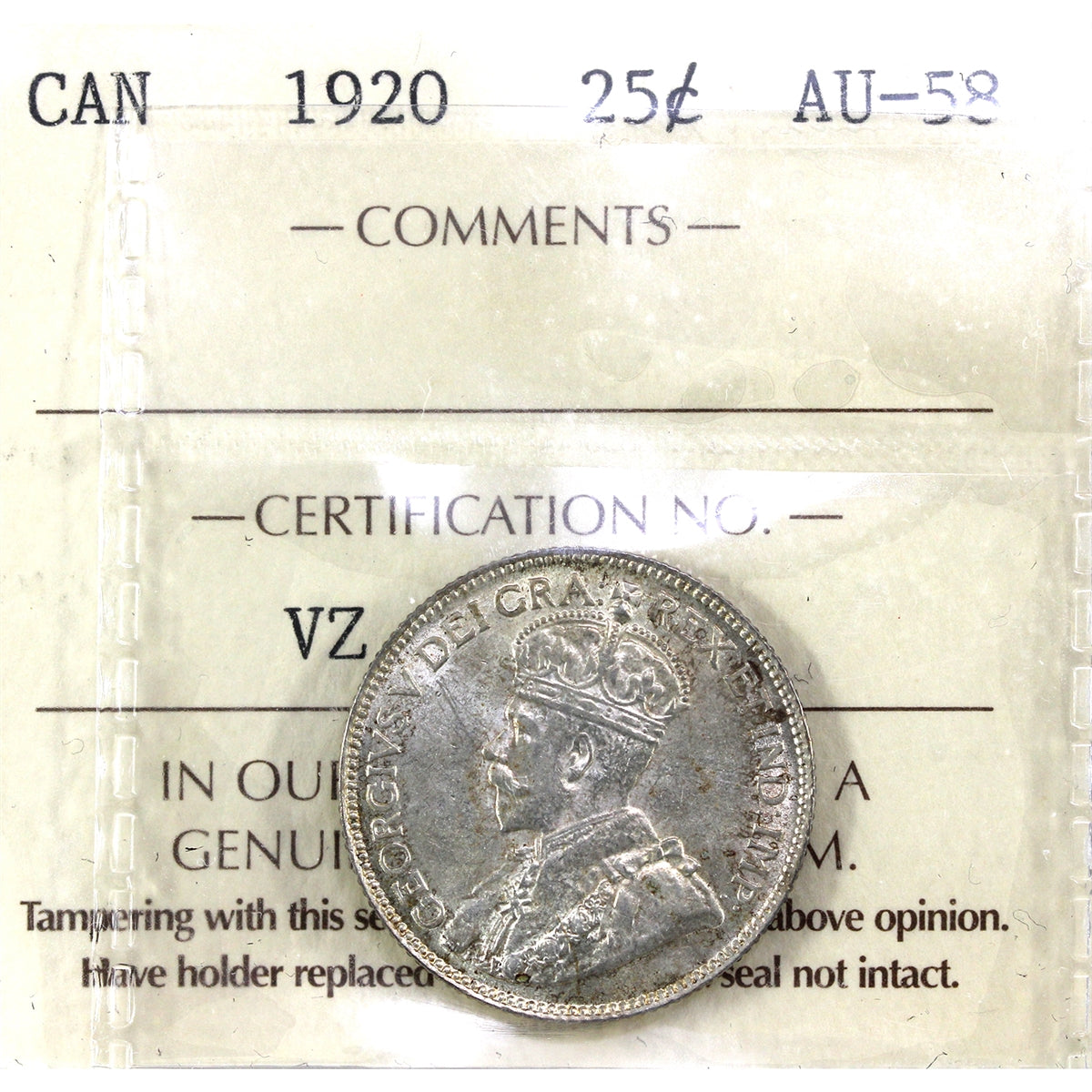 1920 Canada 25-cents ICCS Certified AU-58