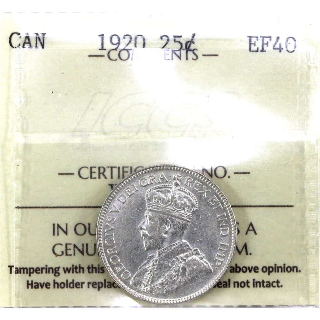 1920 Canada 25-cents ICCS Certified EF40