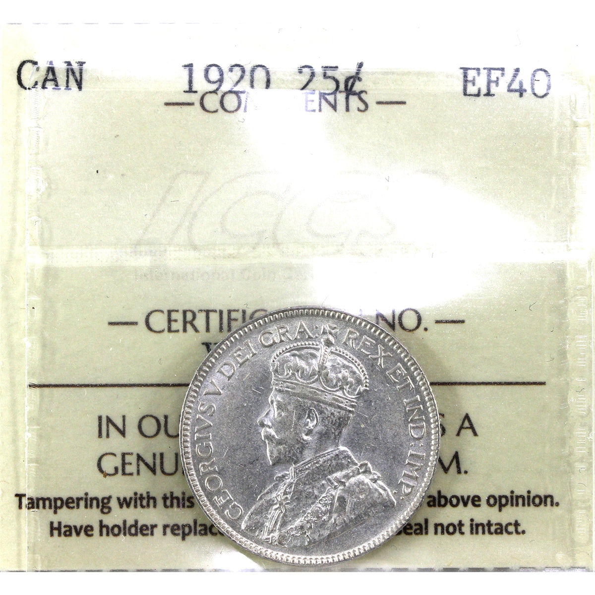 1920 Canada 25-cents ICCS Certified EF40