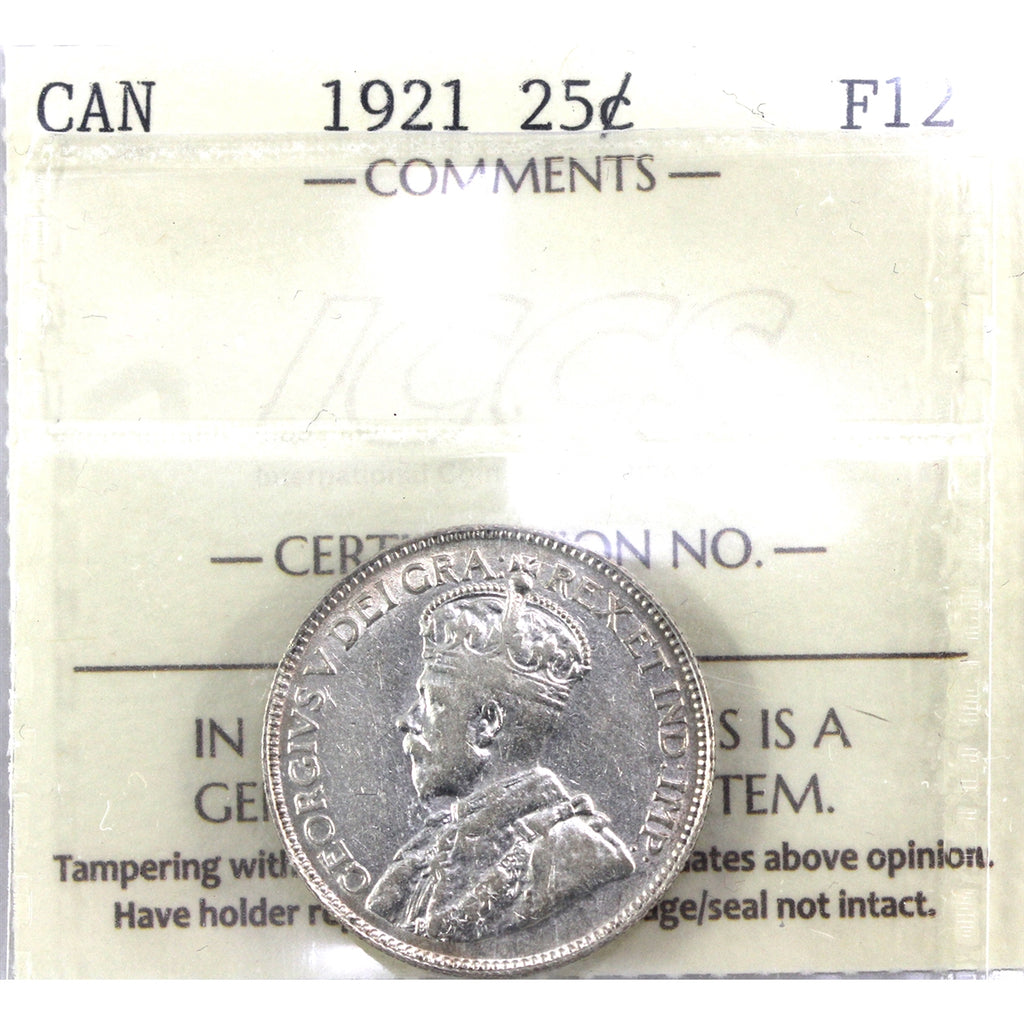 1921 Canada 25-cents ICCS Certified F12