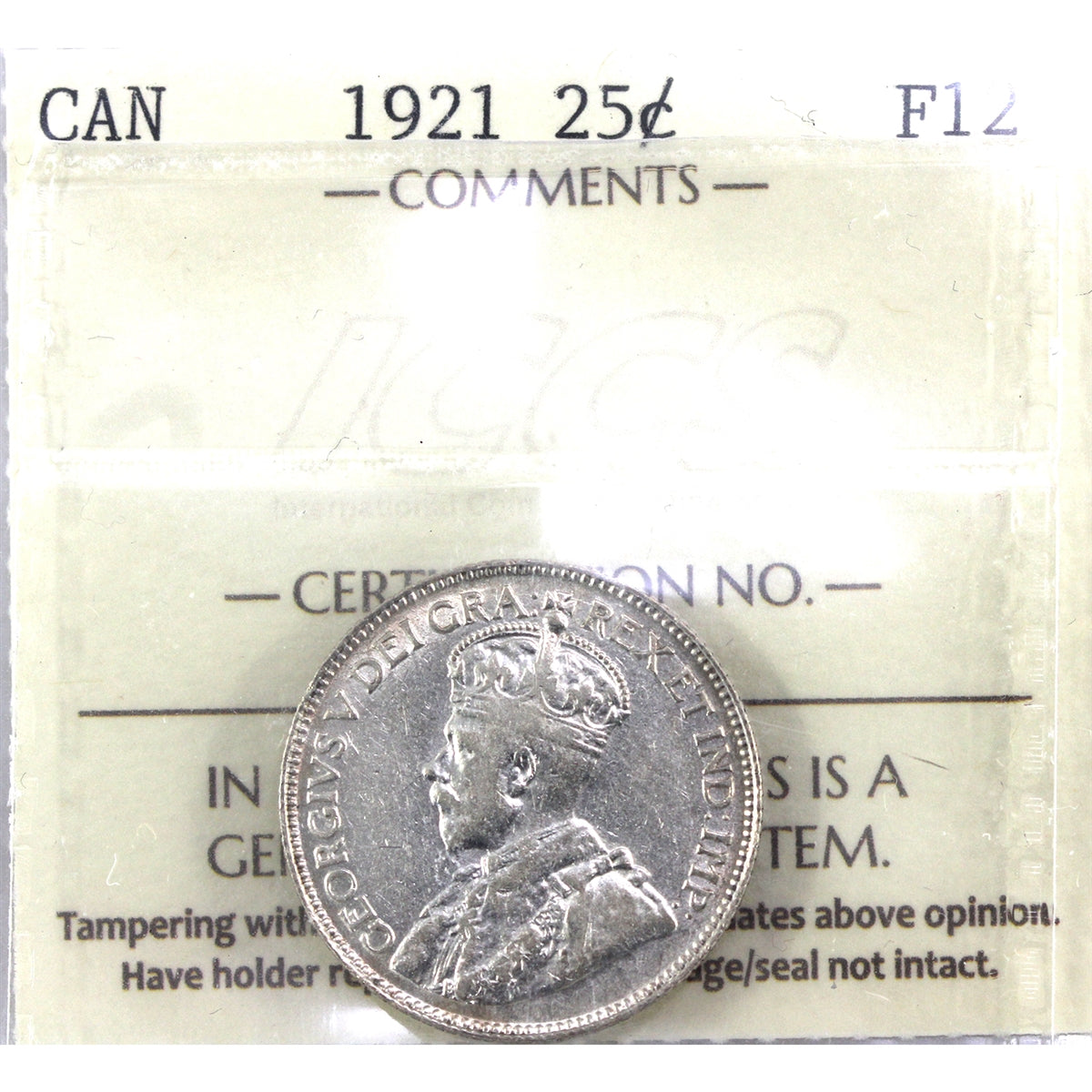 1921 Canada 25-cents ICCS Certified F12