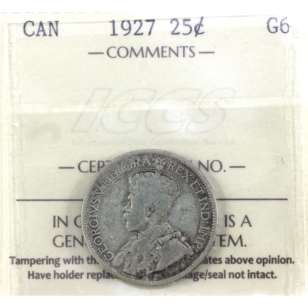 1927 Canada 25-cents ICCS Certified G6