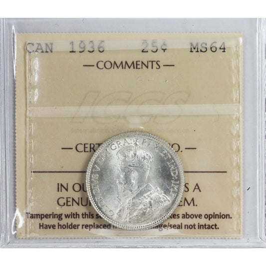 1936 Canada 25-cents ICCS Certified MS64 (XXR 605)