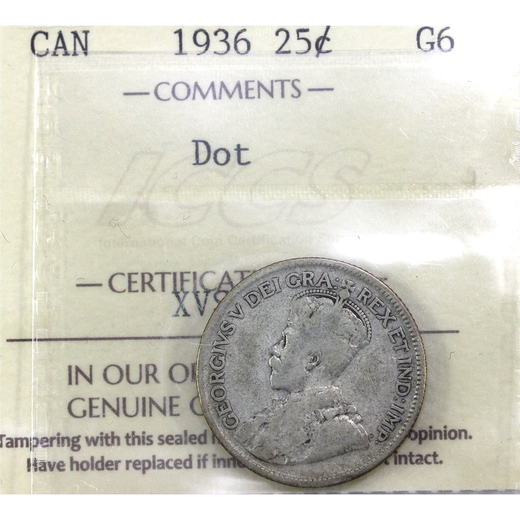 1936 Dot Canada 25-cents ICCS Certified G6