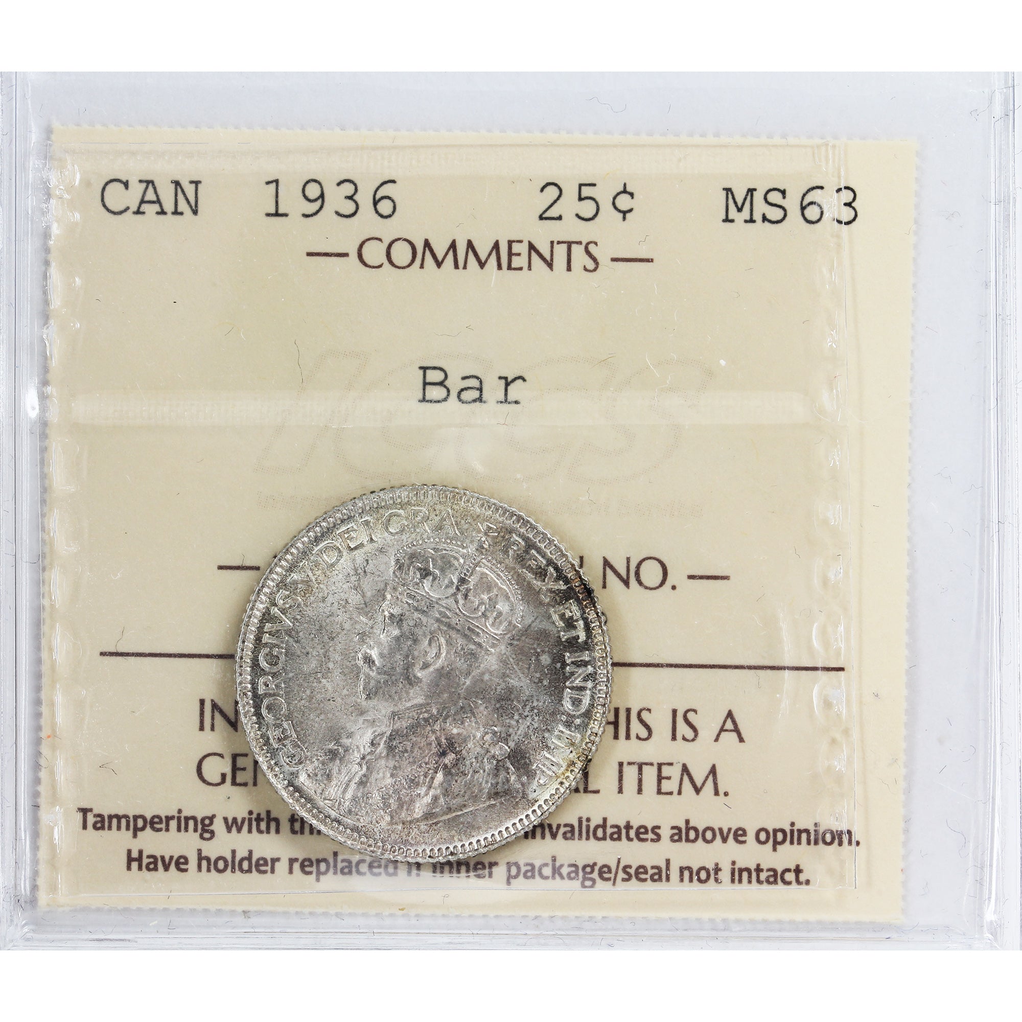 coincoinhaseページ 1936 Bar Canada 25-cents ICCS Certified MS63 (XWZ 473) – Colonial
