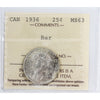 1936 Bar Canada 25-cents ICCS Certified MS63 (XWZ 473)