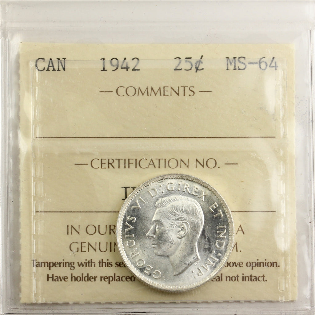 1942 Canada 25-cents ICCS Certified MS64