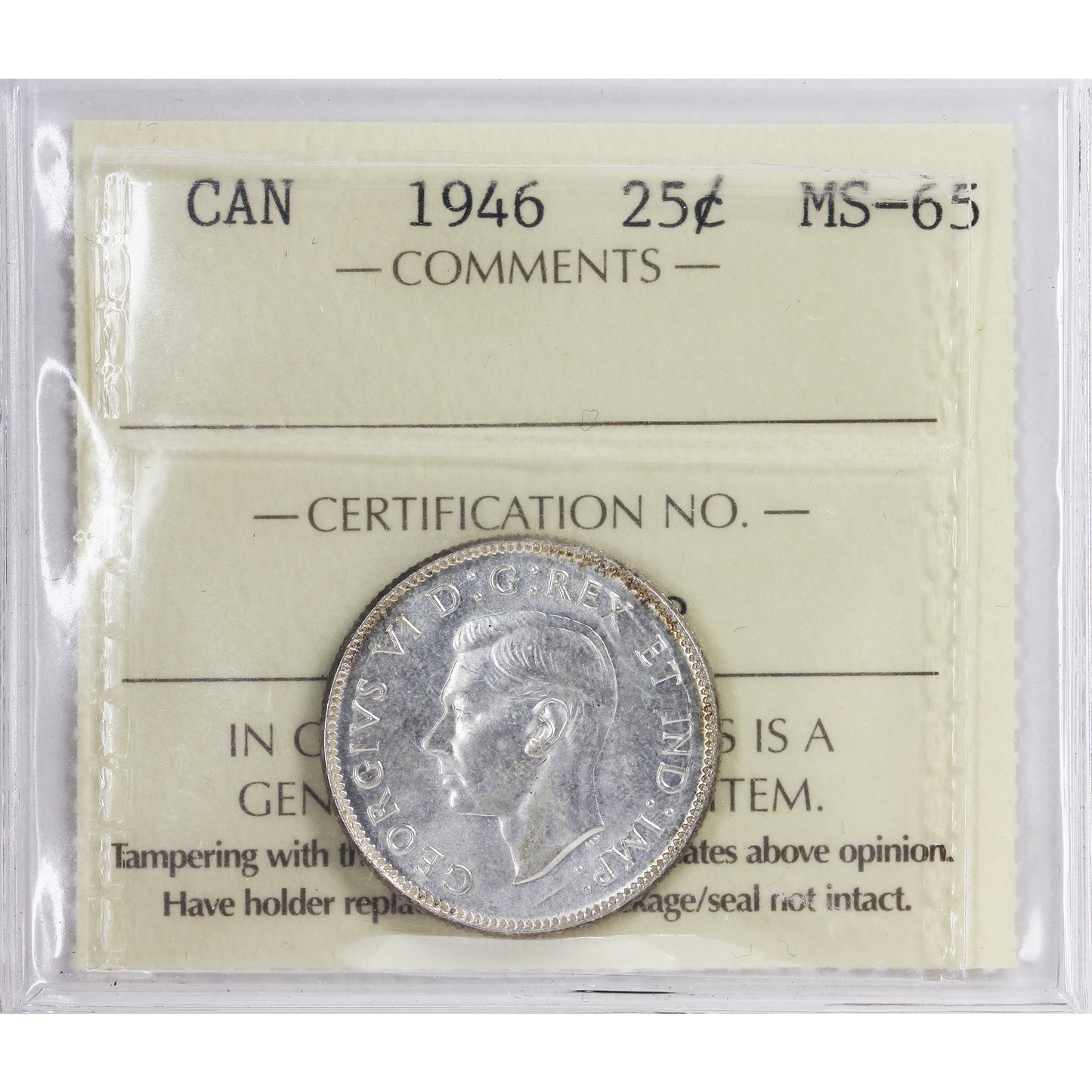 1946 Canada 25-cents ICCS Certified MS65 (XXM 618)