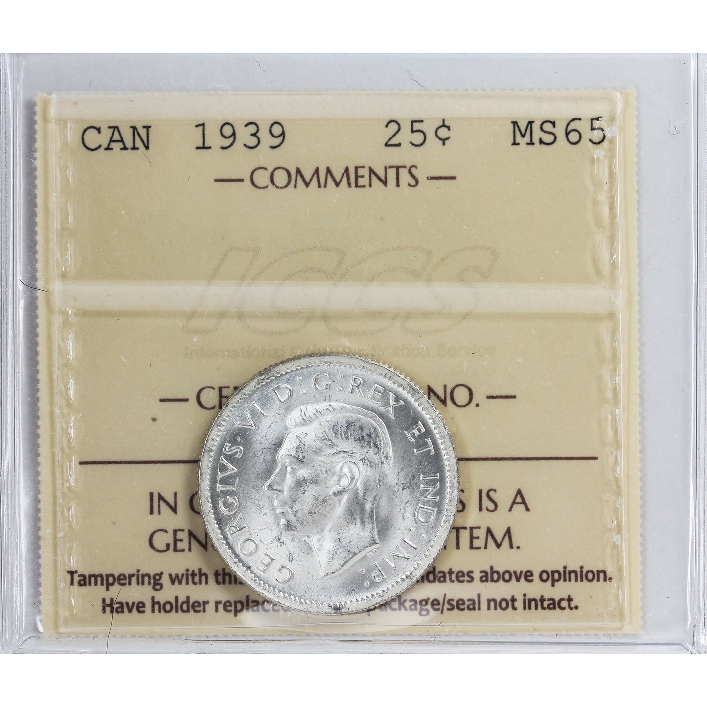 1939 Canada 25-cents ICCS Certified MS65 (XXR 615)