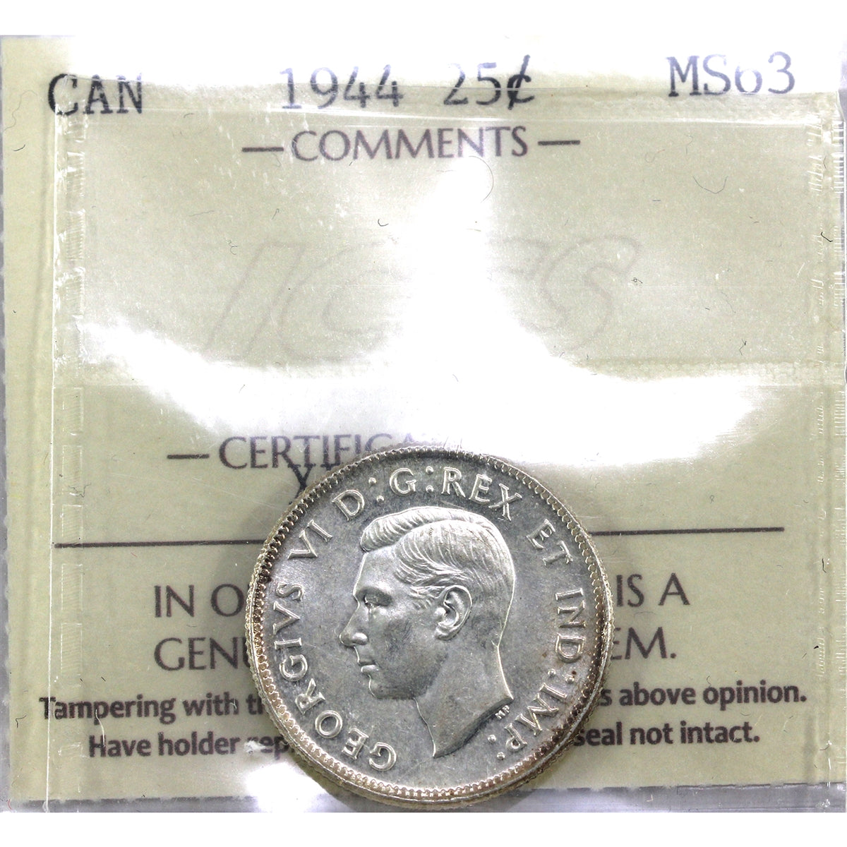 1944 Canada 25-cents ICCS Certified MS63