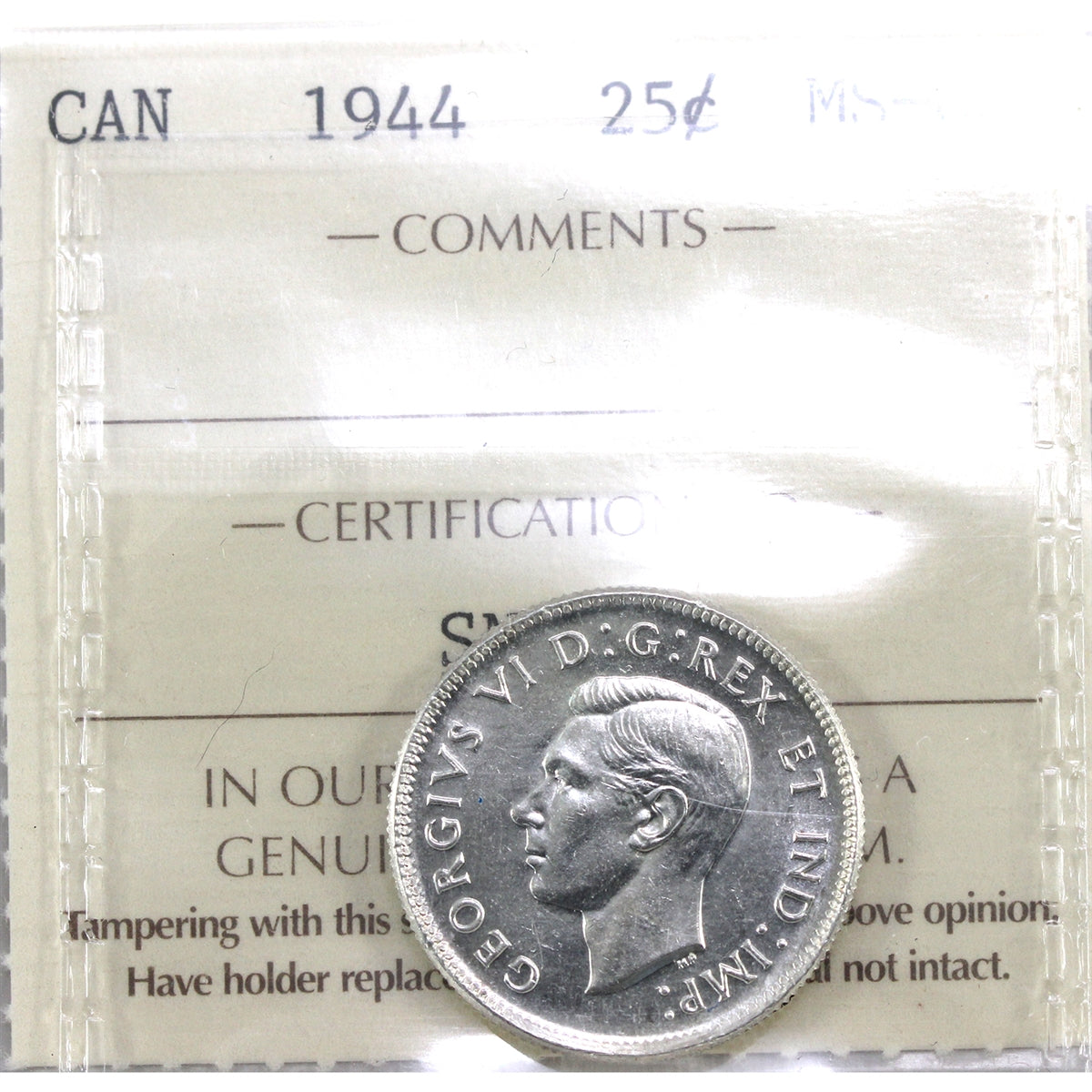 1944 Canada 25-cents ICCS Certified MS60