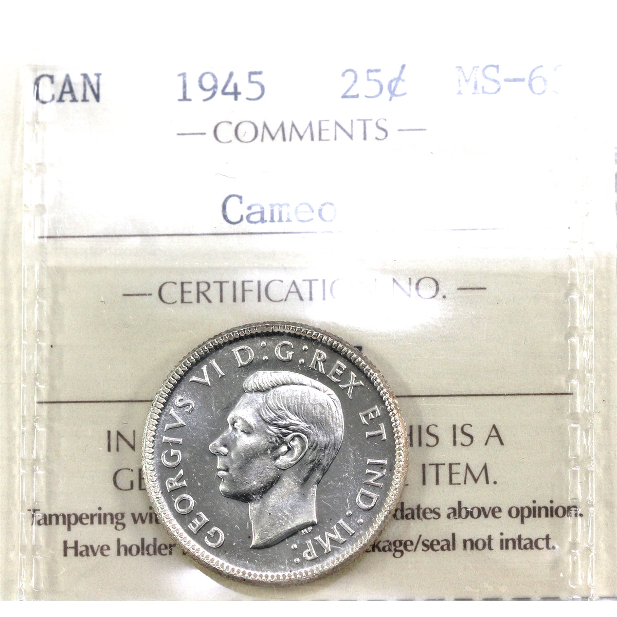1945 Canada 25-cents ICCS Certified MS63 Cameo