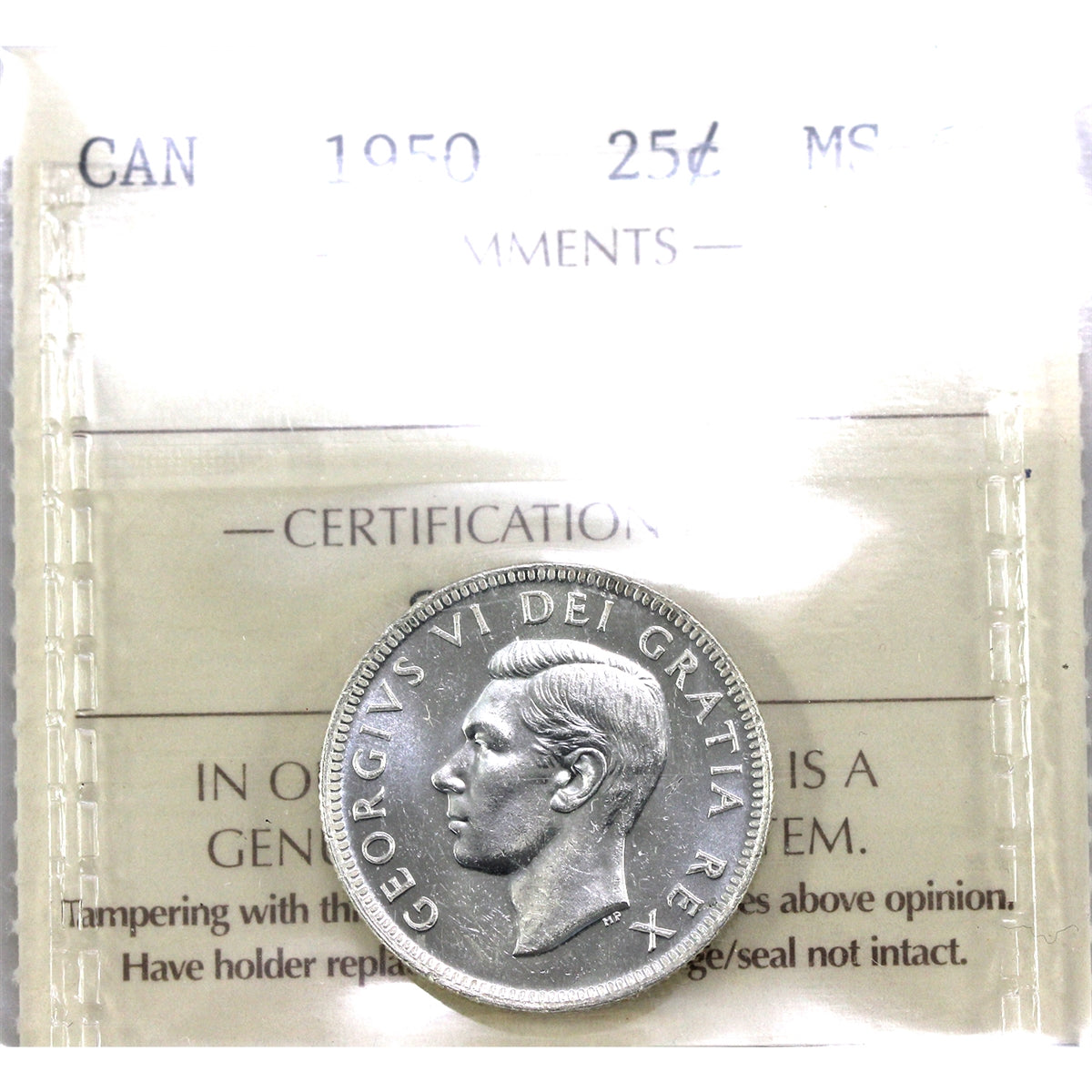 1950 Canada 25-cents ICCS Certified MS62