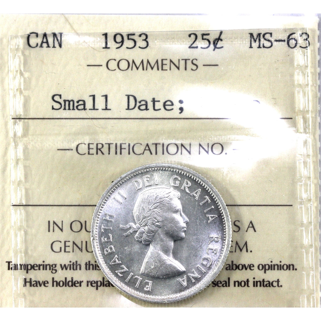1953 Small Date Canada 25-cents ICCS Certified MS63 Cameo