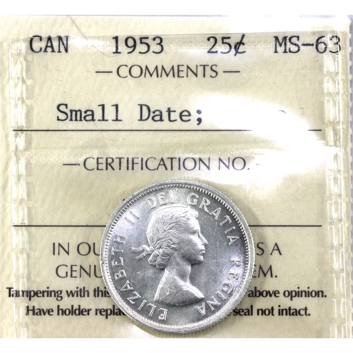 1953 Small Date Canada 25-cents ICCS Certified MS63 Cameo