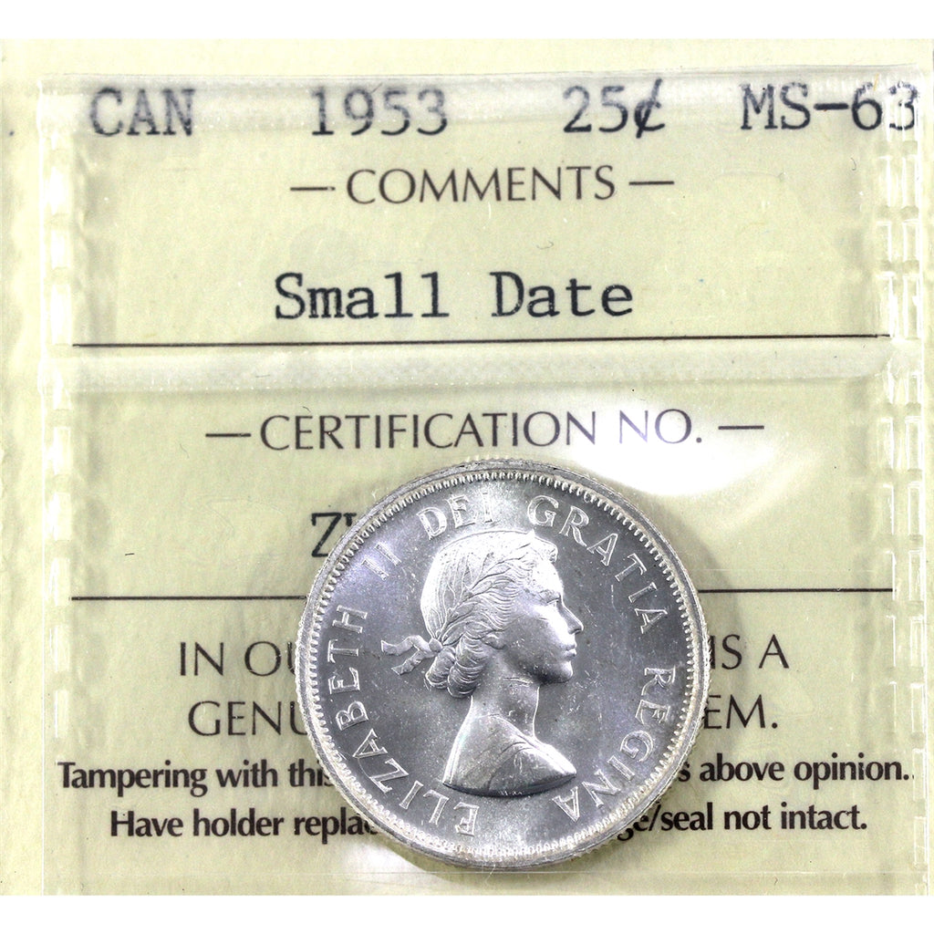 1953 Small Date Canada 25-cents ICCS Certified MS63