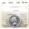 1957 Canada 25-cents ICCS Certified MS64 Cameo
