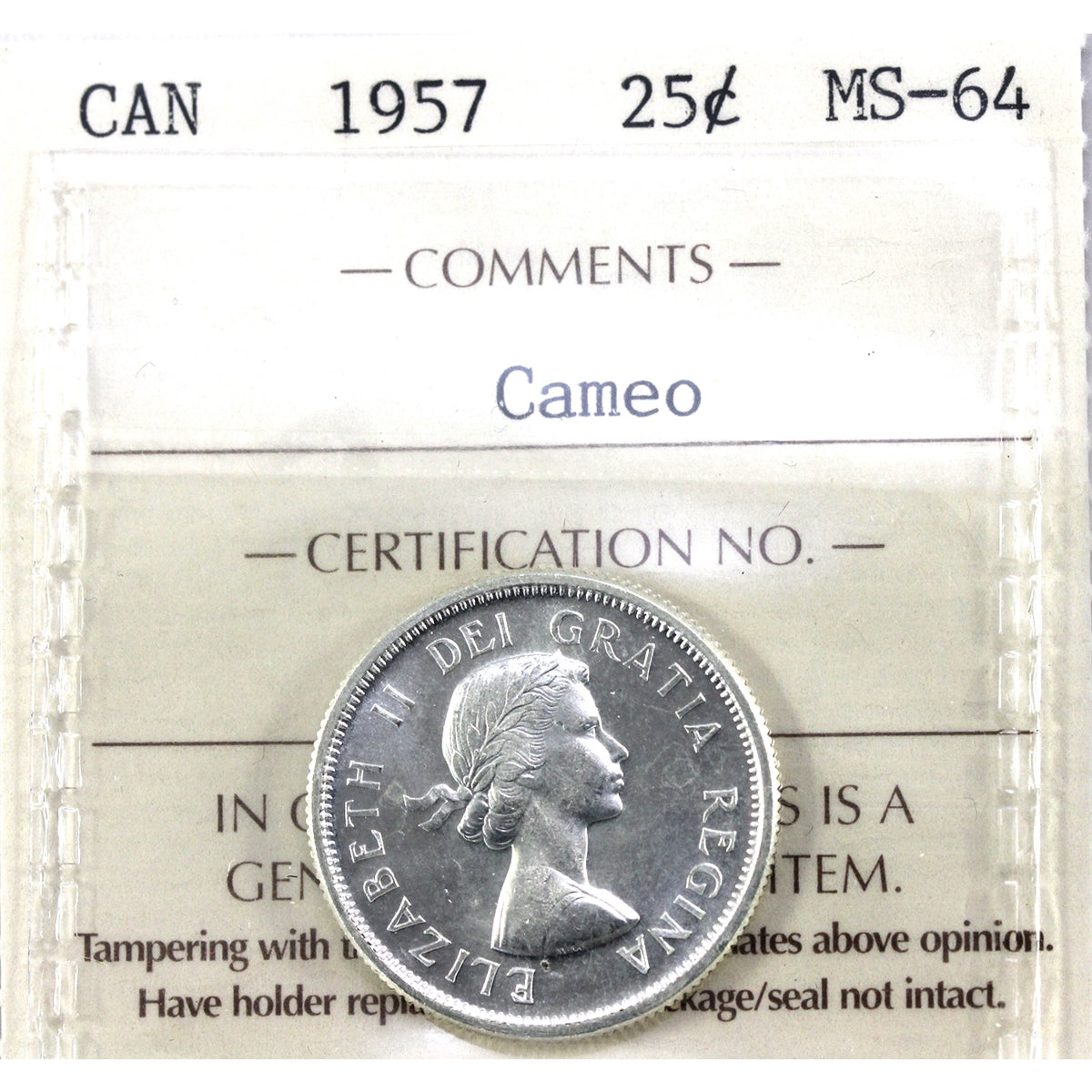 1957 Canada 25-cents ICCS Certified MS64 Cameo