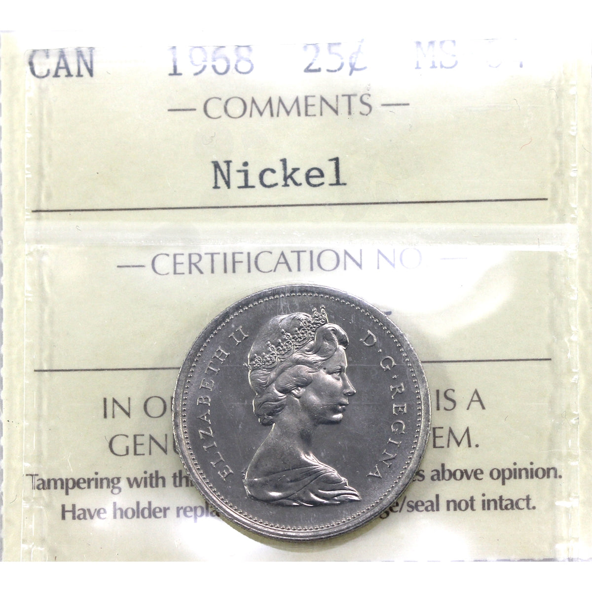 1968 Nickel Canada 25-cents ICCS Certified MS64