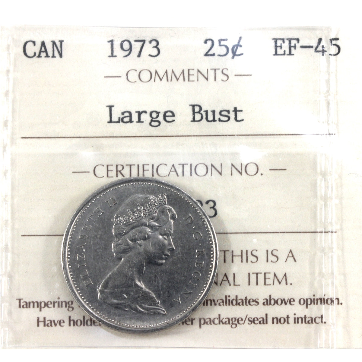 1973 Large Bust Canada 25-cents ICCS Certified EF45