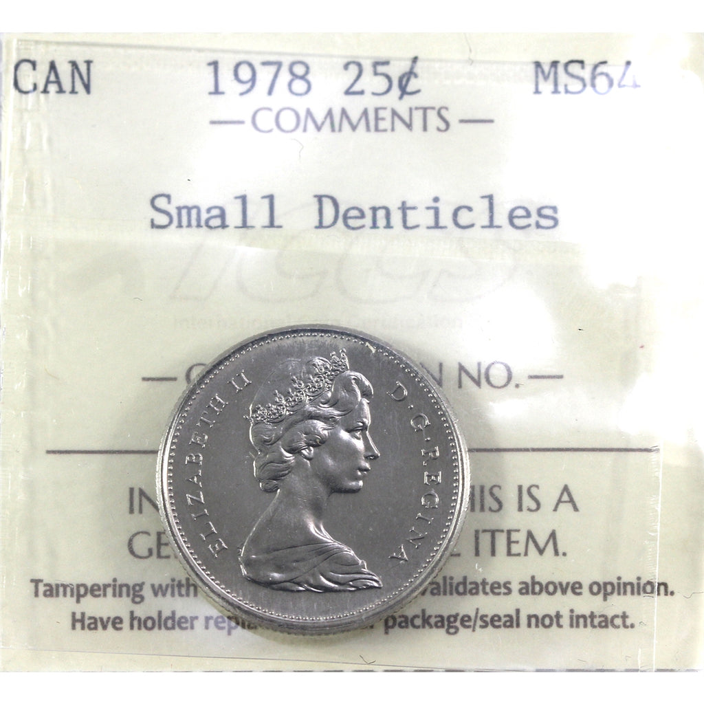 1978 Small Denticles Canada 25-cents ICCS Certified MS64