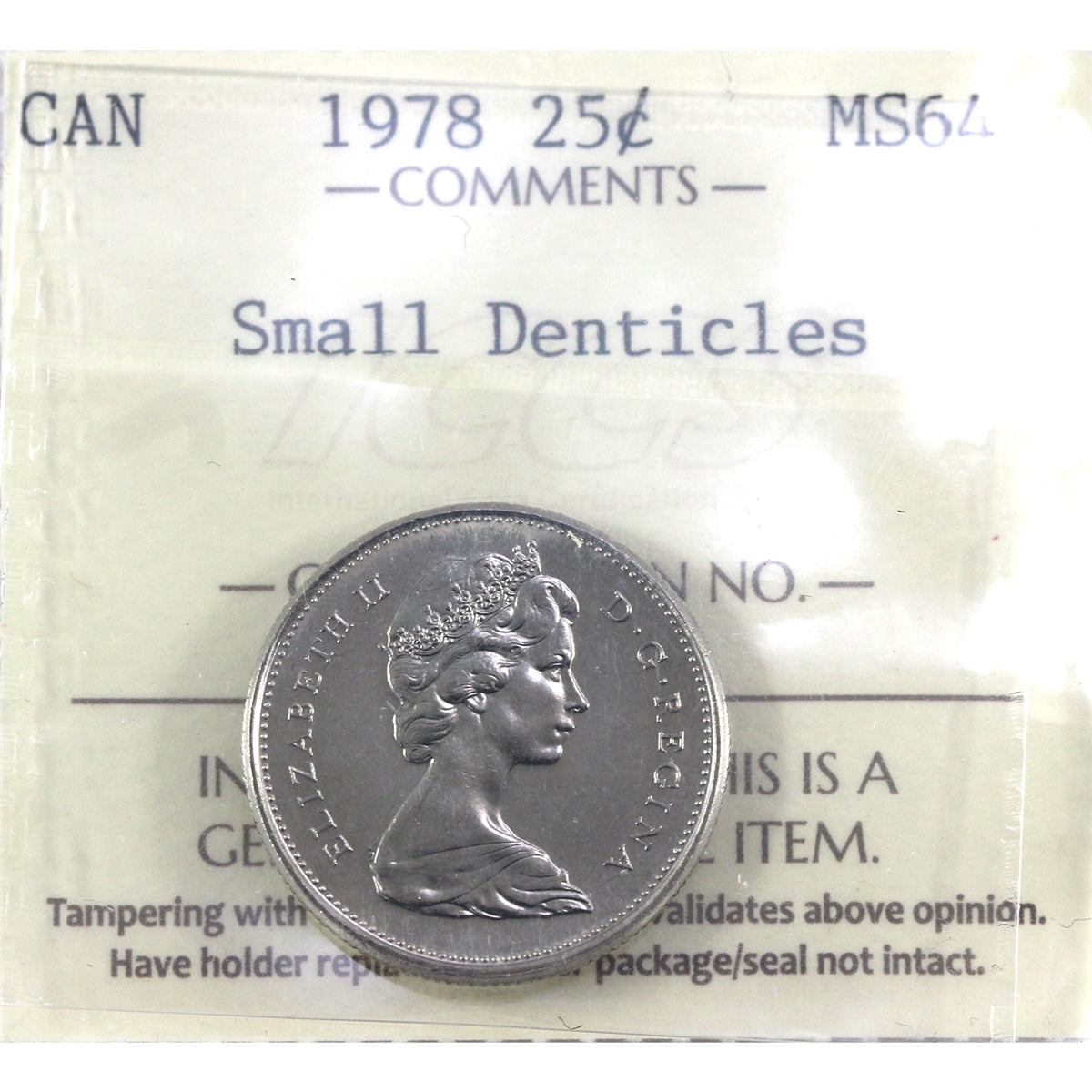 1978 Small Denticles Canada 25-cents ICCS Certified MS64