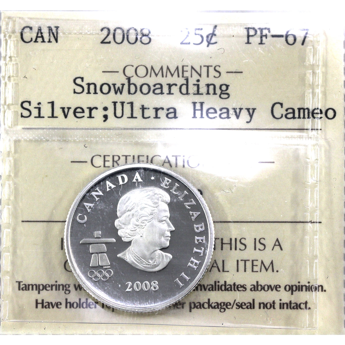2008 Snowboarding Canada Silver 25-cents ICCS Certified PF-67 Ultra Heavy Cameo