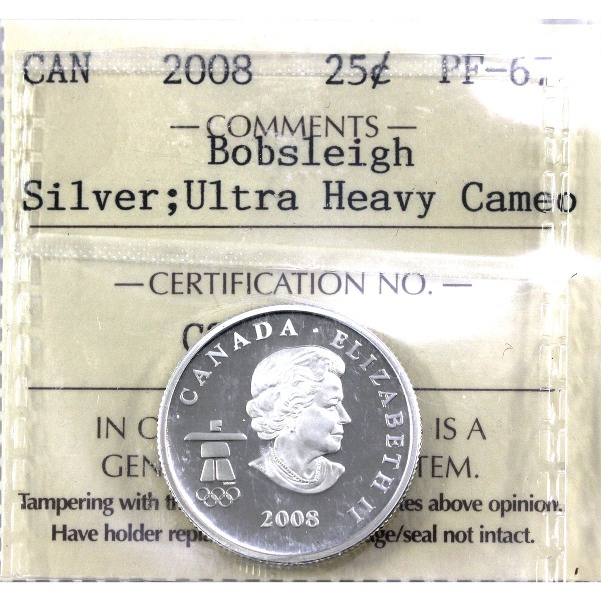 2008 Bobsleigh Canada Silver 25-cents ICCS Certified PF-67 Ultra Heavy Cameo