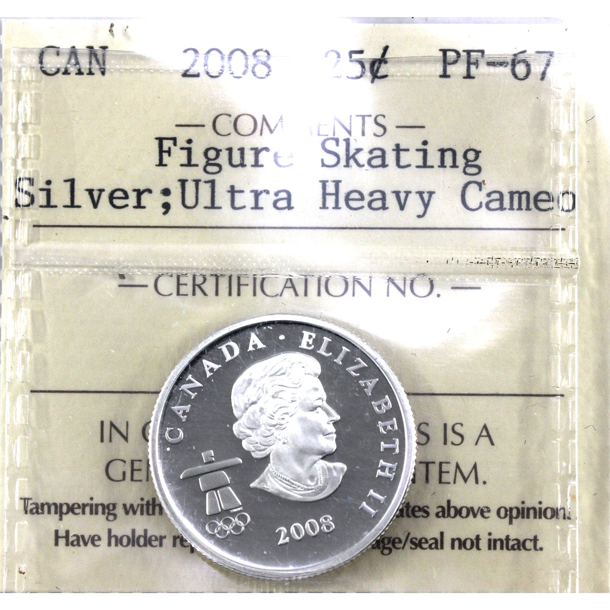 2008 Figure Skating Canada Silver 25-cents ICCS Certified PF-67 Ultra Heavy Cameo