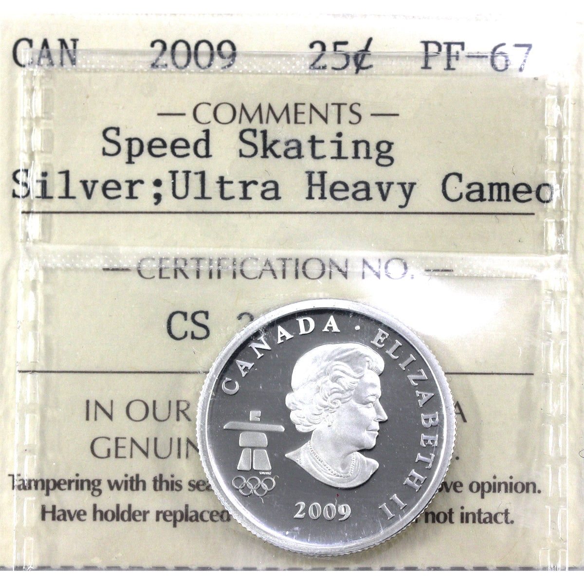 2009 Speed Skating Canada Silver 25-cents ICCS Certified PF-67 Ultra Heavy Cameo