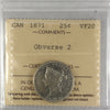 1871 Obv. 2 Canada 25-cents ICCS Certified VF20