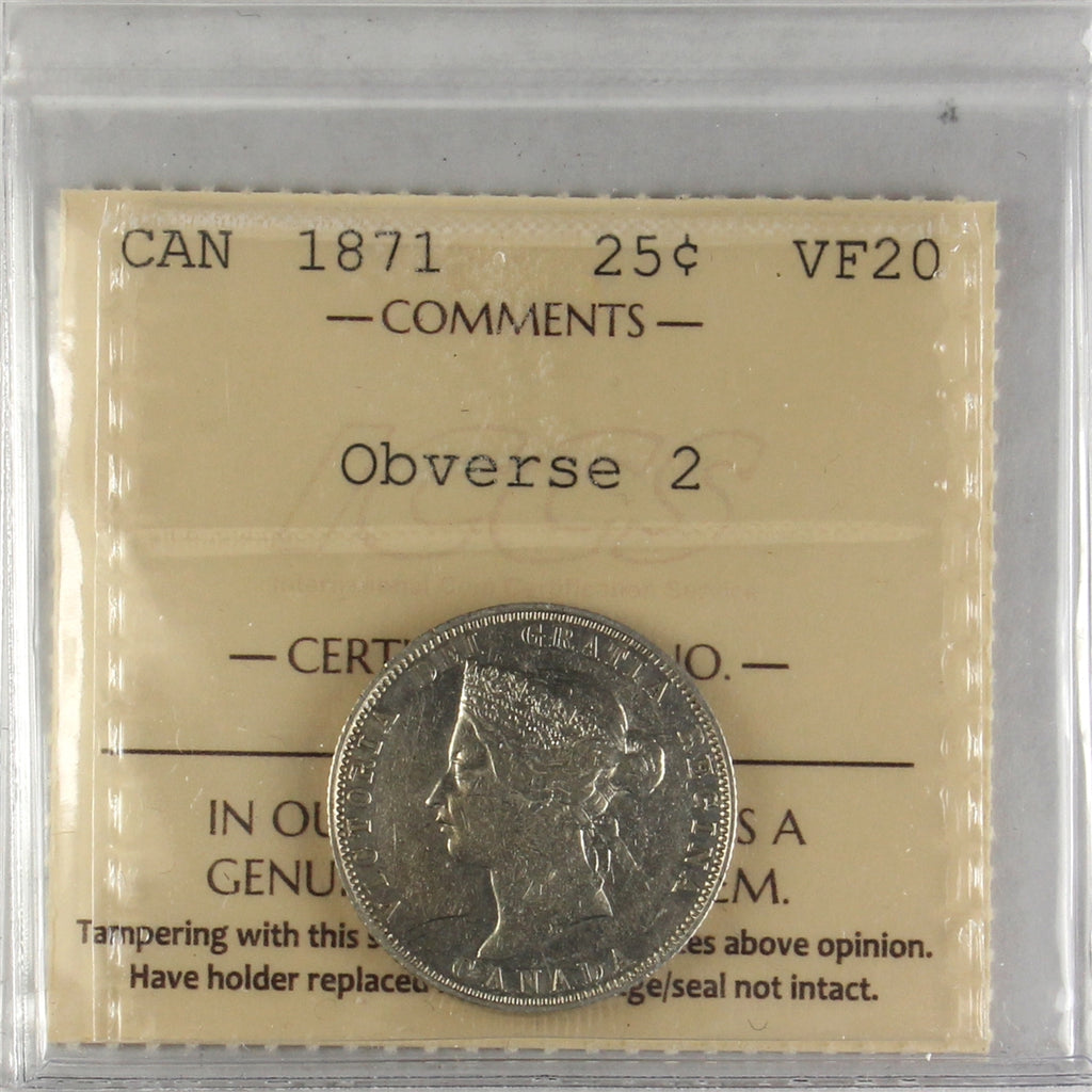 1871 Obv. 2 Canada 25-cents ICCS Certified VF20