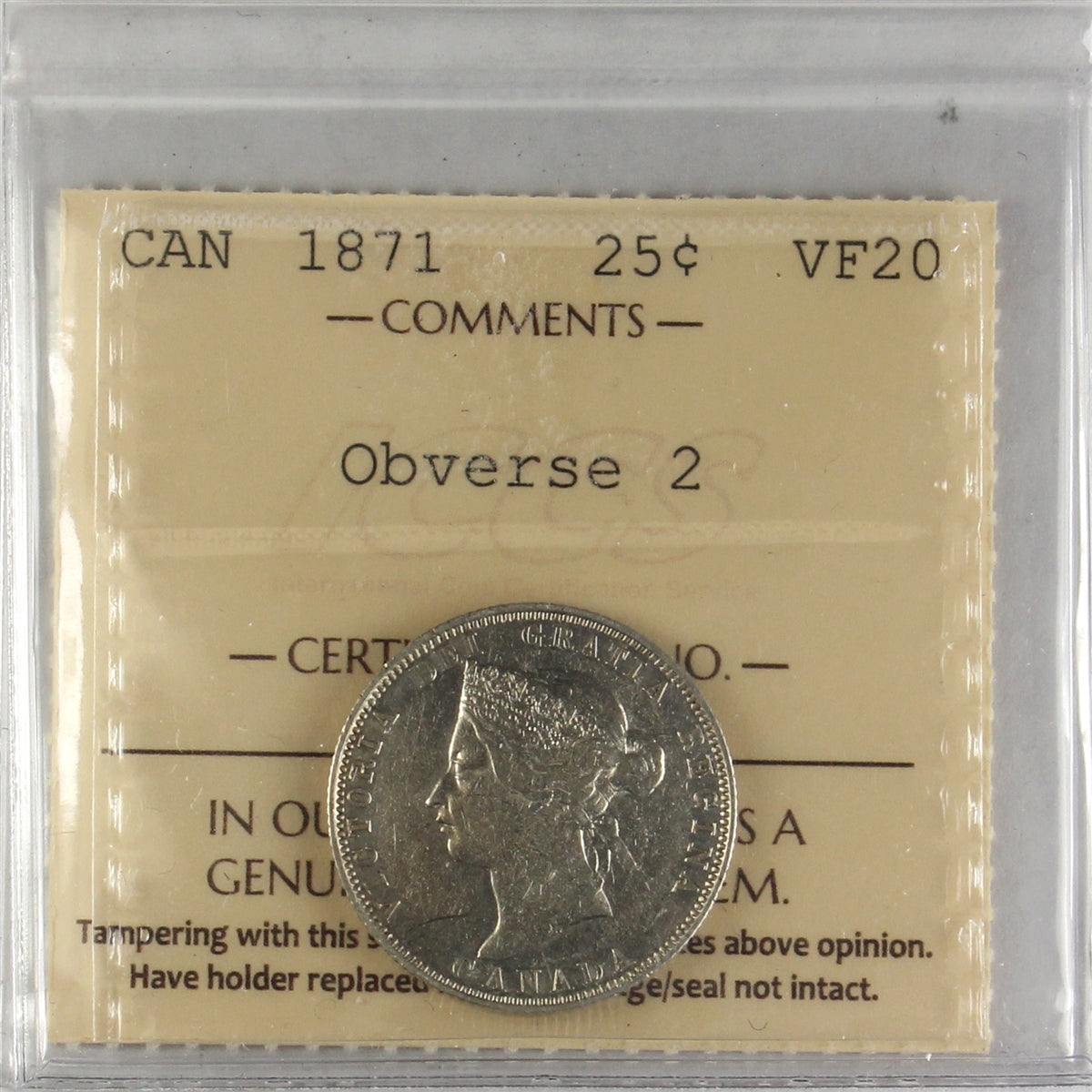 1871 Obv. 2 Canada 25-cents ICCS Certified VF20