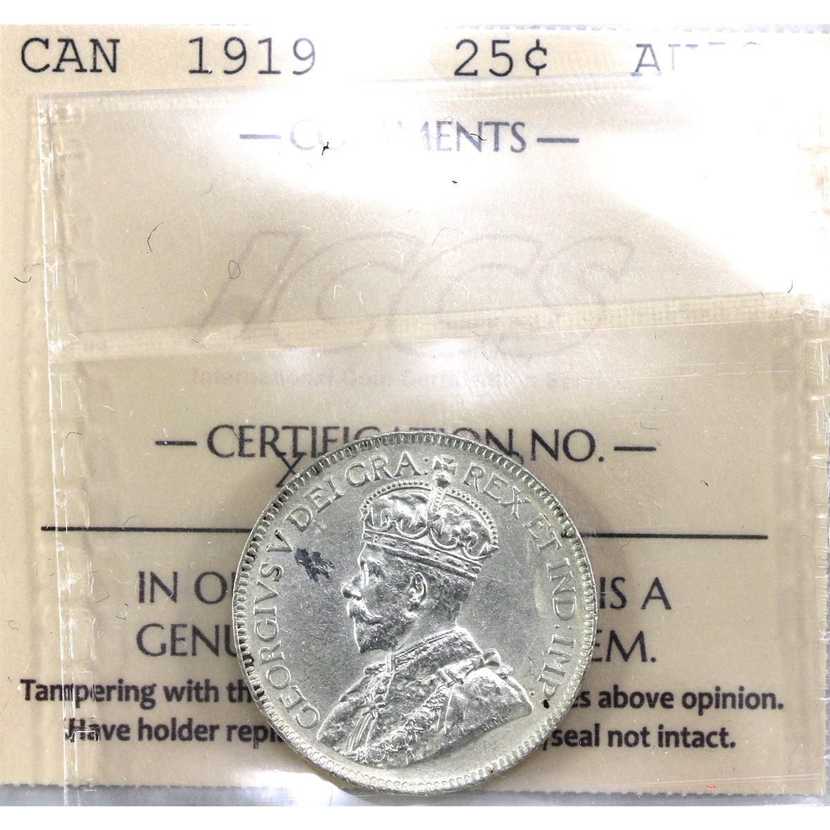 1919 Canada 25-cents ICCS Certified AU-58