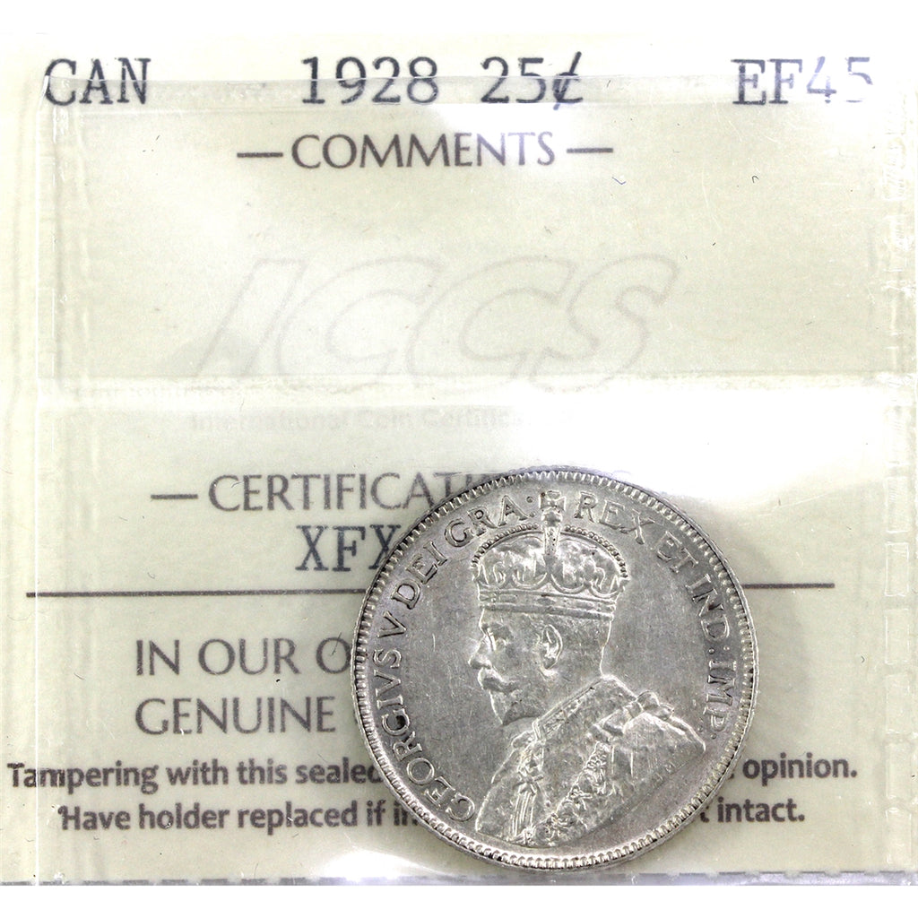 1928 Canada 25-cents ICCS Certified EF45