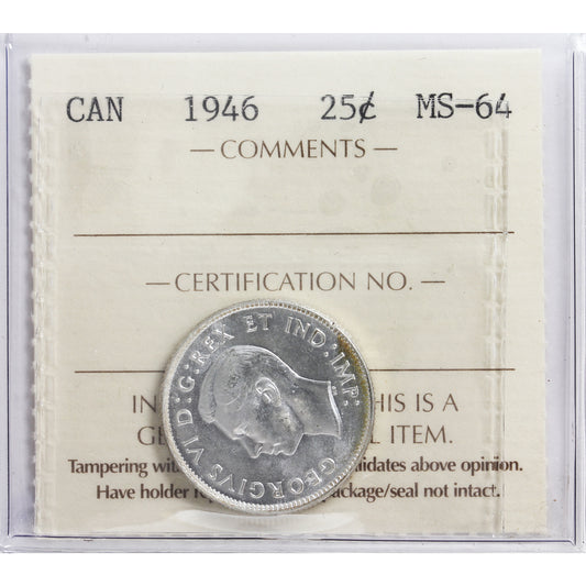 1946 Canada 25-cents ICCS Certified MS64